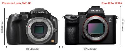 Größenvergleich: Panasonic Lumix DMC-G5 vs. Sony Alpha 7R IIIA Größenvergleich: Panasonic Lumix DMC-G5 vs. Sony Alpha 7R IIIA