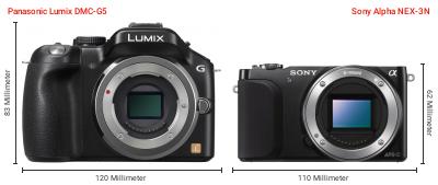 Größenvergleich: Panasonic Lumix DMC-G5 vs. Sony Alpha NEX-3N Größenvergleich: Panasonic Lumix DMC-G5 vs. Sony Alpha NEX-3N