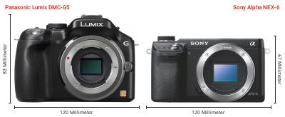 Größenvergleich: Panasonic Lumix DMC-G5 vs. Sony Alpha NEX-6 Größenvergleich: Panasonic Lumix DMC-G5 vs. Sony Alpha NEX-6