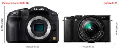 Größenvergleich: Panasonic Lumix DMC-G6 vs. Fujifilm X-A1 Größenvergleich: Panasonic Lumix DMC-G6 vs. Fujifilm X-A1