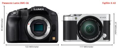 Größenvergleich: Panasonic Lumix DMC-G6 vs. Fujifilm X-A3 Größenvergleich: Panasonic Lumix DMC-G6 vs. Fujifilm X-A3