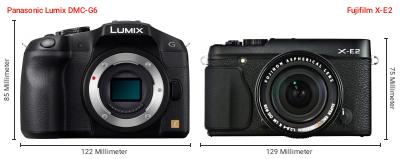 Größenvergleich: Panasonic Lumix DMC-G6 vs. Fujifilm X-E2 Größenvergleich: Panasonic Lumix DMC-G6 vs. Fujifilm X-E2