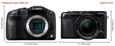 Größenvergleich: Panasonic Lumix DMC-G6 vs. Fujifilm X-E3 Größenvergleich: Panasonic Lumix DMC-G6 vs. Fujifilm X-E3