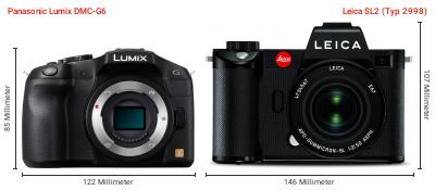 Größenvergleich: Panasonic Lumix DMC-G6 vs. Leica SL2 (Typ 2998) Größenvergleich: Panasonic Lumix DMC-G6 vs. Leica SL2 (Typ 2998)