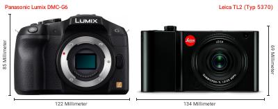 Größenvergleich: Panasonic Lumix DMC-G6 vs. Leica TL2 (Typ 5370) Größenvergleich: Panasonic Lumix DMC-G6 vs. Leica TL2 (Typ 5370)