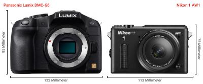Größenvergleich: Panasonic Lumix DMC-G6 vs. Nikon 1 AW1 Größenvergleich: Panasonic Lumix DMC-G6 vs. Nikon 1 AW1