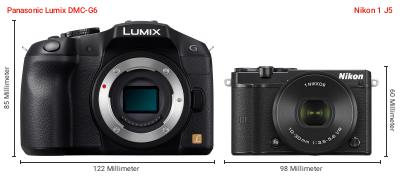 Größenvergleich: Panasonic Lumix DMC-G6 vs. Nikon 1 J5 Größenvergleich: Panasonic Lumix DMC-G6 vs. Nikon 1 J5