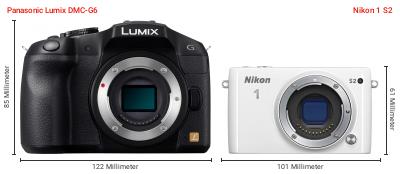 Größenvergleich: Panasonic Lumix DMC-G6 vs. Nikon 1 S2 Größenvergleich: Panasonic Lumix DMC-G6 vs. Nikon 1 S2