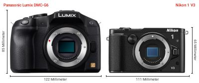 Größenvergleich: Panasonic Lumix DMC-G6 vs. Nikon 1 V3 Größenvergleich: Panasonic Lumix DMC-G6 vs. Nikon 1 V3