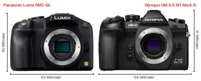 Größenvergleich: Panasonic Lumix DMC-G6 vs. OM System OM-D E-M1 Mark III Größenvergleich: Panasonic Lumix DMC-G6 vs. OM System OM-D E-M1 Mark III