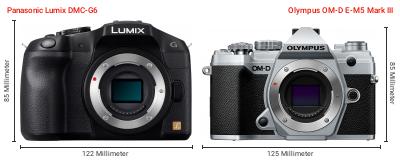 Größenvergleich: Panasonic Lumix DMC-G6 vs. OM System OM-D E-M5 Mark III