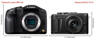 Größenvergleich: Panasonic Lumix DMC-G6 vs. OM System PEN E-PL10 Größenvergleich: Panasonic Lumix DMC-G6 vs. OM System PEN E-PL10