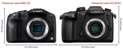 Größenvergleich: Panasonic Lumix DMC-G6 vs. Panasonic Lumix DC-GH5S Größenvergleich: Panasonic Lumix DMC-G6 vs. Panasonic Lumix DC-GH5S