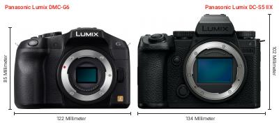 Größenvergleich: Panasonic Lumix DMC-G6 vs. Panasonic Lumix DC-S5 IIX Größenvergleich: Panasonic Lumix DMC-G6 vs. Panasonic Lumix DC-S5 IIX