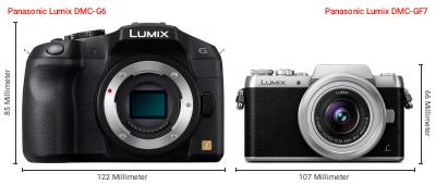 Größenvergleich: Panasonic Lumix DMC-G6 vs. Panasonic Lumix DMC-GF7 Größenvergleich: Panasonic Lumix DMC-G6 vs. Panasonic Lumix DMC-GF7