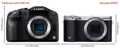 Größenvergleich: Panasonic Lumix DMC-G6 vs. Samsung NX500 Größenvergleich: Panasonic Lumix DMC-G6 vs. Samsung NX500