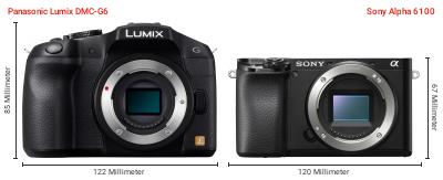 Größenvergleich: Panasonic Lumix DMC-G6 vs. Sony Alpha 6100 Größenvergleich: Panasonic Lumix DMC-G6 vs. Sony Alpha 6100