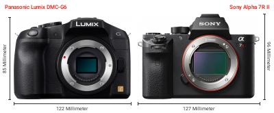 Größenvergleich: Panasonic Lumix DMC-G6 vs. Sony Alpha 7R II Größenvergleich: Panasonic Lumix DMC-G6 vs. Sony Alpha 7R II