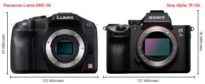 Größenvergleich: Panasonic Lumix DMC-G6 vs. Sony Alpha 7R IIIA Größenvergleich: Panasonic Lumix DMC-G6 vs. Sony Alpha 7R IIIA