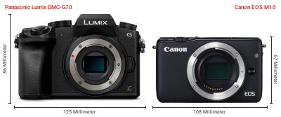Größenvergleich: Panasonic Lumix DMC-G70 vs. Canon EOS M10 Größenvergleich: Panasonic Lumix DMC-G70 vs. Canon EOS M10