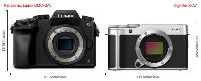 Größenvergleich: Panasonic Lumix DMC-G70 vs. Fujifilm X-A7