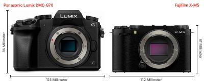 Größenvergleich: Panasonic Lumix DMC-G70 vs. Fujifilm X-M5 Größenvergleich: Panasonic Lumix DMC-G70 vs. Fujifilm X-M5
