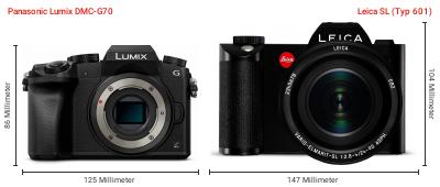 Größenvergleich: Panasonic Lumix DMC-G70 vs. Leica SL (Typ 601) Größenvergleich: Panasonic Lumix DMC-G70 vs. Leica SL (Typ 601)