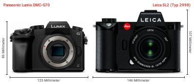 Größenvergleich: Panasonic Lumix DMC-G70 vs. Leica SL2 (Typ 2998) Größenvergleich: Panasonic Lumix DMC-G70 vs. Leica SL2 (Typ 2998)