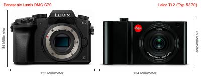 Größenvergleich: Panasonic Lumix DMC-G70 vs. Leica TL2 (Typ 5370) Größenvergleich: Panasonic Lumix DMC-G70 vs. Leica TL2 (Typ 5370)
