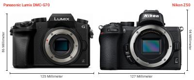 Größenvergleich: Panasonic Lumix DMC-G70 vs. Nikon Z50 Größenvergleich: Panasonic Lumix DMC-G70 vs. Nikon Z50