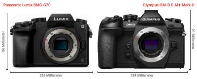 Größenvergleich: Panasonic Lumix DMC-G70 vs. OM System OM-D E-M1 Mark II Größenvergleich: Panasonic Lumix DMC-G70 vs. OM System OM-D E-M1 Mark II