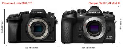 Größenvergleich: Panasonic Lumix DMC-G70 vs. OM System OM-D E-M1 Mark III