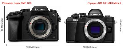 Größenvergleich: Panasonic Lumix DMC-G70 vs. OM System OM-D E-M10 Mark II Größenvergleich: Panasonic Lumix DMC-G70 vs. OM System OM-D E-M10 Mark II