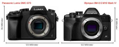 Größenvergleich: Panasonic Lumix DMC-G70 vs. OM System OM-D E-M10 Mark IV Größenvergleich: Panasonic Lumix DMC-G70 vs. OM System OM-D E-M10 Mark IV