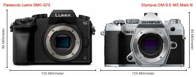 Größenvergleich: Panasonic Lumix DMC-G70 vs. OM System OM-D E-M5 Mark III Größenvergleich: Panasonic Lumix DMC-G70 vs. OM System OM-D E-M5 Mark III