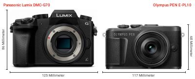 Größenvergleich: Panasonic Lumix DMC-G70 vs. OM System PEN E-PL10
