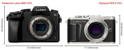 Größenvergleich: Panasonic Lumix DMC-G70 vs. OM System PEN E-PL9 Größenvergleich: Panasonic Lumix DMC-G70 vs. OM System PEN E-PL9