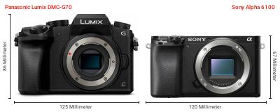 Größenvergleich: Panasonic Lumix DMC-G70 vs. Sony Alpha 6100 Größenvergleich: Panasonic Lumix DMC-G70 vs. Sony Alpha 6100