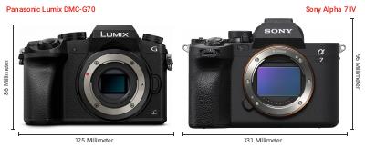 Größenvergleich: Panasonic Lumix DMC-G70 vs. Sony Alpha 7 IV Größenvergleich: Panasonic Lumix DMC-G70 vs. Sony Alpha 7 IV