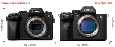 Größenvergleich: Panasonic Lumix DMC-G70 vs. Sony Alpha 7S III Größenvergleich: Panasonic Lumix DMC-G70 vs. Sony Alpha 7S III