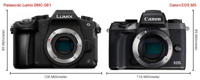 Größenvergleich: Panasonic Lumix DMC-G81 vs. Canon EOS M5 Größenvergleich: Panasonic Lumix DMC-G81 vs. Canon EOS M5