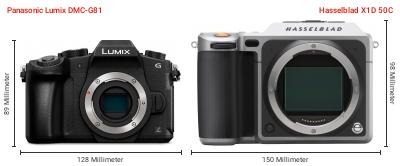 Größenvergleich: Panasonic Lumix DMC-G81 vs. Hasselblad X1D 50C Größenvergleich: Panasonic Lumix DMC-G81 vs. Hasselblad X1D 50C
