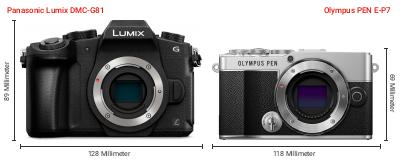 Größenvergleich: Panasonic Lumix DMC-G81 vs. OM System PEN E-P7 Größenvergleich: Panasonic Lumix DMC-G81 vs. OM System PEN E-P7