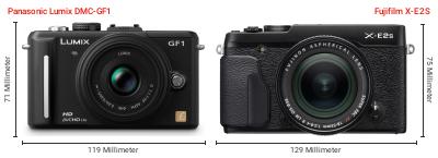 Größenvergleich: Panasonic Lumix DMC-GF1 vs. Fujifilm X-E2S Größenvergleich: Panasonic Lumix DMC-GF1 vs. Fujifilm X-E2S