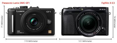 Größenvergleich: Panasonic Lumix DMC-GF1 vs. Fujifilm X-E3
