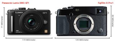 Größenvergleich: Panasonic Lumix DMC-GF1 vs. Fujifilm X-Pro1 Größenvergleich: Panasonic Lumix DMC-GF1 vs. Fujifilm X-Pro1
