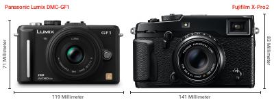Größenvergleich: Panasonic Lumix DMC-GF1 vs. Fujifilm X-Pro2 Größenvergleich: Panasonic Lumix DMC-GF1 vs. Fujifilm X-Pro2