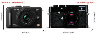 Größenvergleich: Panasonic Lumix DMC-GF1 vs. Leica M-P (Typ 240) Größenvergleich: Panasonic Lumix DMC-GF1 vs. Leica M-P (Typ 240)