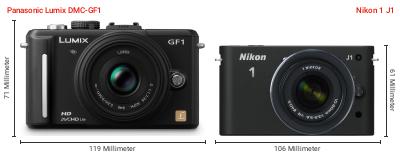 Größenvergleich: Panasonic Lumix DMC-GF1 vs. Nikon 1 J1 Größenvergleich: Panasonic Lumix DMC-GF1 vs. Nikon 1 J1