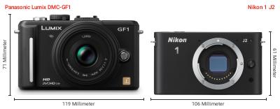 Größenvergleich: Panasonic Lumix DMC-GF1 vs. Nikon 1 J2 Größenvergleich: Panasonic Lumix DMC-GF1 vs. Nikon 1 J2